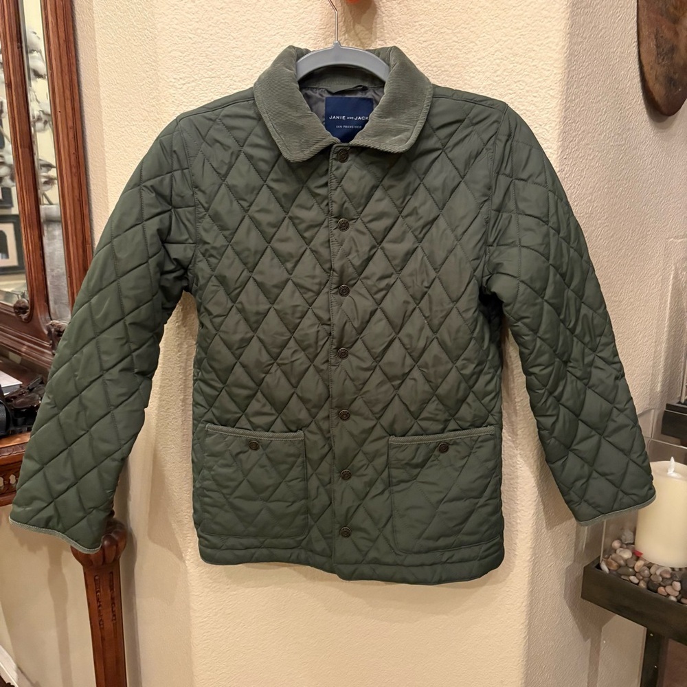Janie and Jack Kids Quilted Olive Jacket with Corduroy Collar Size 10/12Y